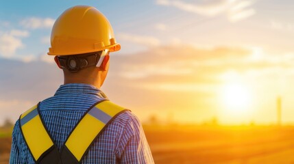 Construction Worker at Sunset with Silos and Rural Landscape