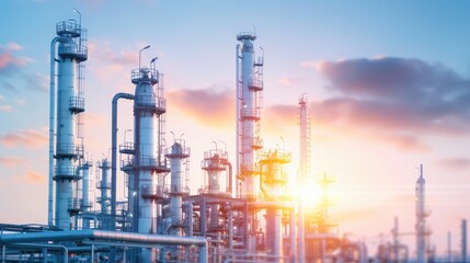 Obraz premium Industrial Plant at Sunset with Vibrant Sky and Structures