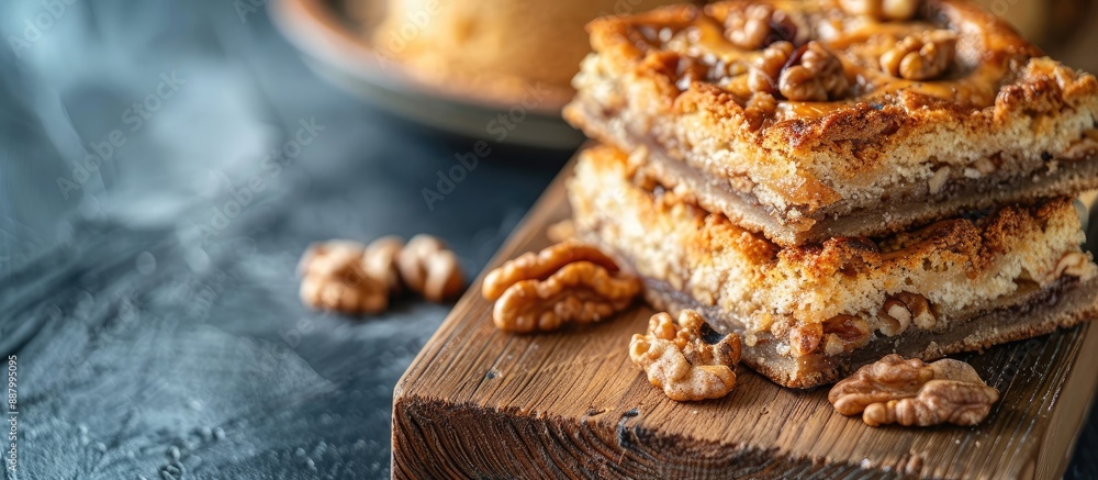 Poster close up view of a stack of walnut topped square pie slices on a wooden board next to a sponge cake 