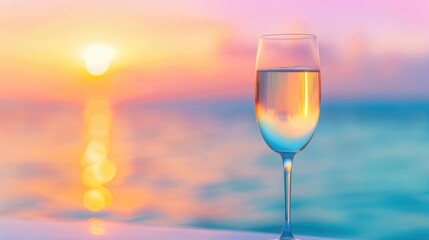 Glass of Water with Ice Cubes Set Amidst Ocean Sunrise or Sunset