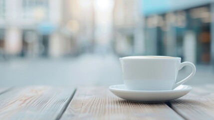 White Coffee Cup and Saucer Set on Wooden Table in Urban Setting
