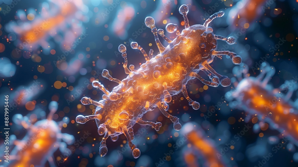 Poster a digital rendering of a microorganism with glowing orange highlights, showcasing the use of synthet