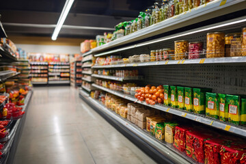 supermarket store aisle and interrior shelves blurred background with no people in view.