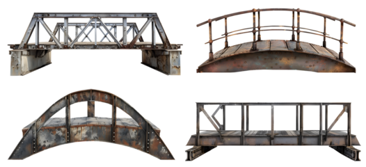 Set collection of arch rustic metal bridge front view on transparent background cutout PNG file. Many different assorted style. Mockup template for design