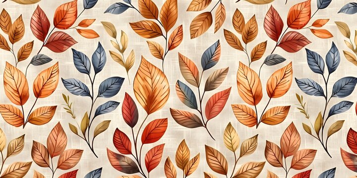 Autumnal leaves pattern, warm autumn tones on beige linen background seamless repeating wallpaper design, pattern for fabric and paper
