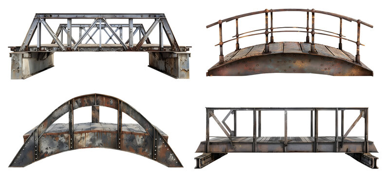 Set collection of arch rustic metal bridge front view on transparent background cutout PNG file. Many different assorted style. Mockup template for design