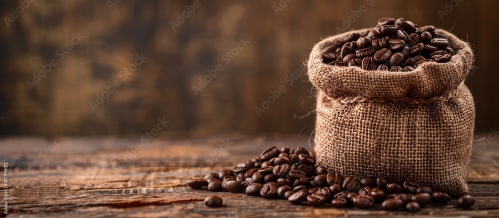 Poster coffee beans in a bag placed on a wooden table with a rustic background offers a charming setting fo