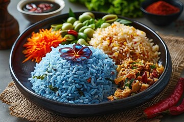 Traditional Malaysian rice dish with blue rice  Asian cuisine.