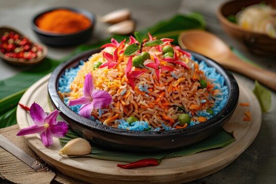 Malay rice dish with blue rice from butterfly pea flowers.