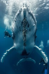 Divers Observe a Majestic Humpback Whale Under the Ocean Surface