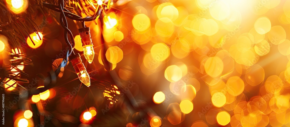 Poster close up festive background with retro lights creating a golden glow with focus on the foreground fo