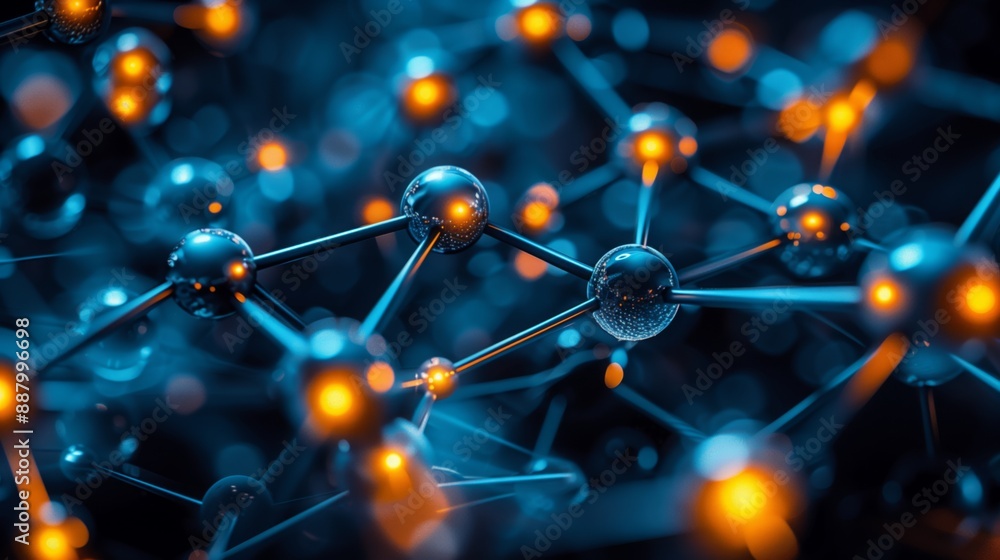 Poster a close-up image of a network structure composed of interconnected spheres, highlighting the complex