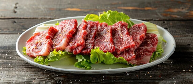 Fresh Korean karubi beef served on a white plate with lettuce perfect for a copy space image