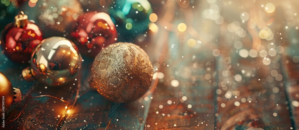 Poster Vintage Christmas ornaments displayed on a textured wooden surface with a blurred effect photographed from above in close up leaving room for text or other images. Copy space image