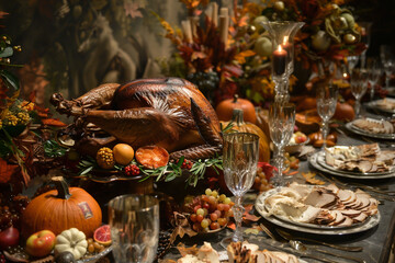 Fototapeta premium Thanksgiving table set with turkey, fruits and delicious food, Generative AI