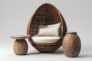 A rattan lounge chair with an egg-shaped body, two round side tables made of bamboo.