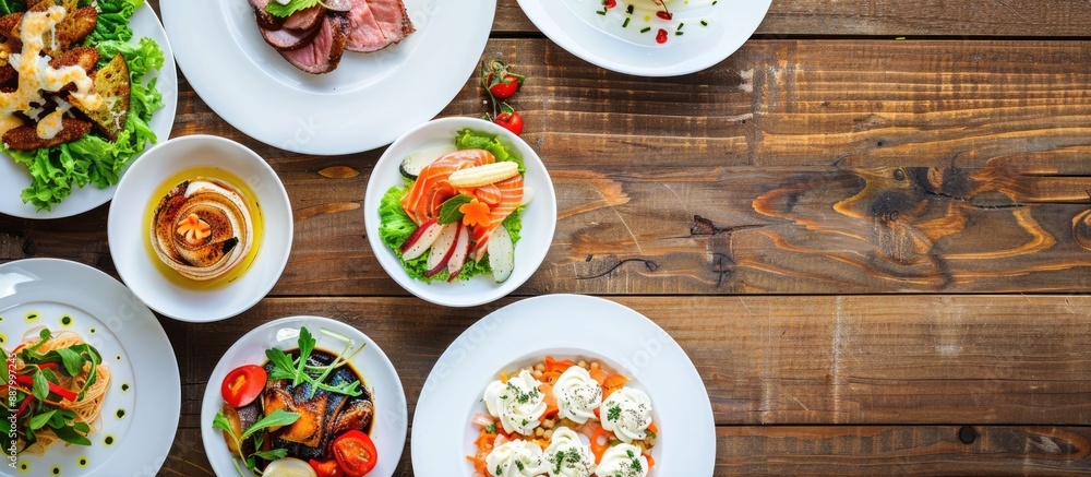 Aufkleber a diverse selection of delectable dishes fills a white plate displayed on a solid wooden table creat