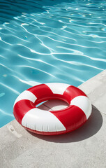 Naklejka premium Summer pool ring with white and red stripes, placed on the edge of a swimming pool