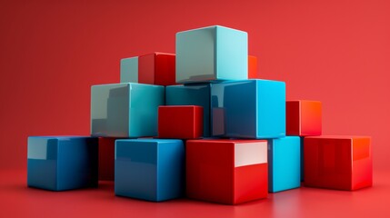 Obraz premium Stacked glossy cubes on red background