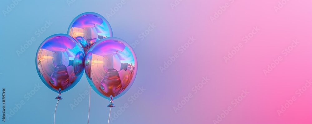 Aufkleber three shiny balloons on a pastel gradient background with ample copy space.