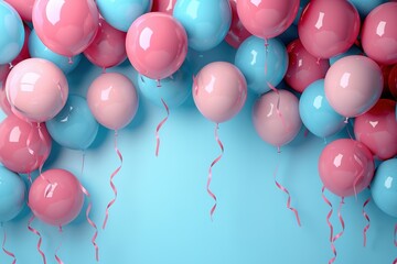 A cluster of glossy pink and blue balloons on a blue background with ample space for text.