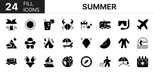 Collection of 24 summer fill icons featuring editable strokes. These outline icons depict various modes of summer, beach, travel, hotel, tour, tourism, vacation, sun, sea, holiday, island,