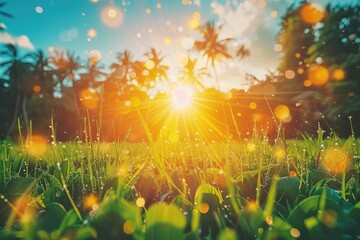 Tropical beach park at sunset with blurred bokeh effect.