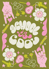 School is Cool - retro colorful hand written lettering with decorative elements: keychain with flower, avocado, lollipop, hand gesture of cool. Vector linocut style textured illustration for school
