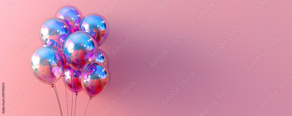 Poster shiny iridescent balloons against a pink backdrop with ample copy space for text.