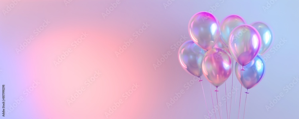 Poster iridescent balloons float on the right against a soft pastel background with ample copy space.