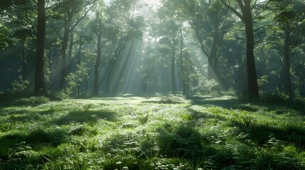 Fototapeta premium Sunlight Filtering Through a Serene Forest Canopy