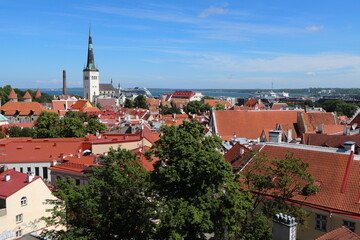 Obraz premium View, from a viewpoint in central Tallinn, towards the old medieval part of the city, full of old historical buildings, Estonia