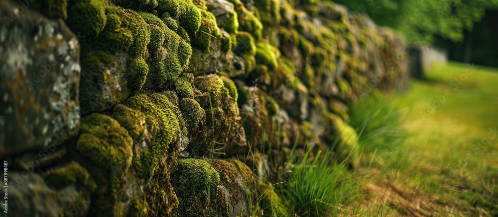 Poster a medieval stone wall covered in moss and grass creating a natural background with a soft focus perf