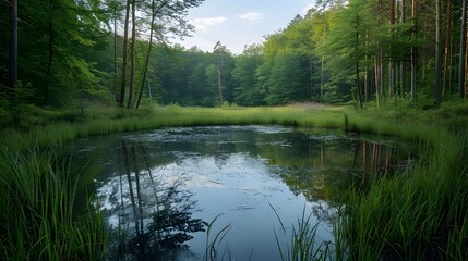 Obraz premium Serene Forest Pond Surrounded by Lush Greenery