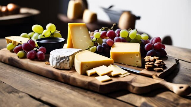  Delicious cheese and grapes on a rustic wooden board