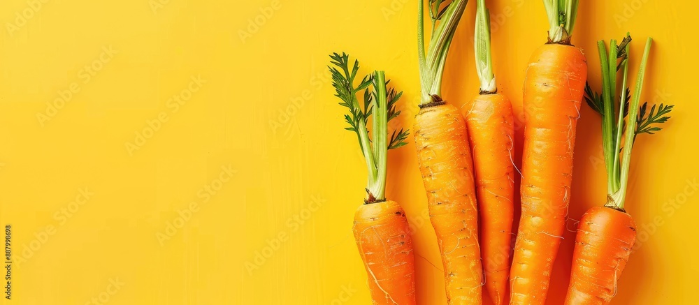 Poster flat lay composition featuring fresh ripe carrots on a yellow backdrop with copy space image