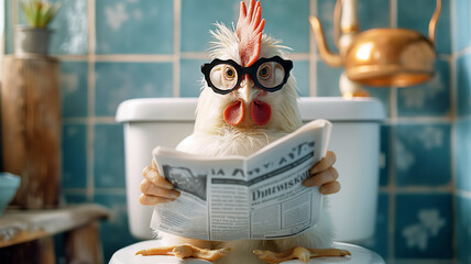 Chicken wearing glasses reading newspaper on toilet