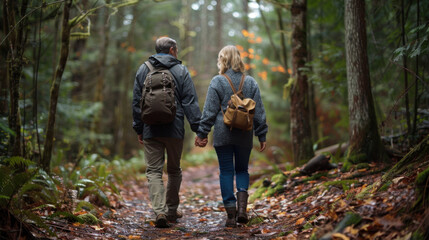 Fototapeta premium A couple holding hands and walking on a forest trail, surrounded by trees and foliage, enjoying nature together.