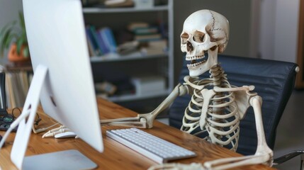 A skeleton is sitting at a desk in front of a computer