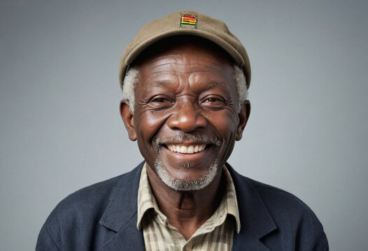 Portrait view of a regular happy smiling Zimbabwe old man, ultra realistic, candid, social media, avatar image, plain solid background