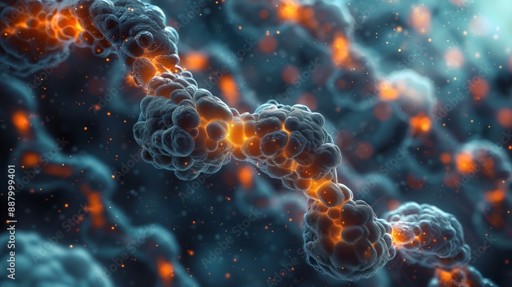 Poster a close-up image of nanoparticles linked together, illustrating the use of nanotechnology to study a