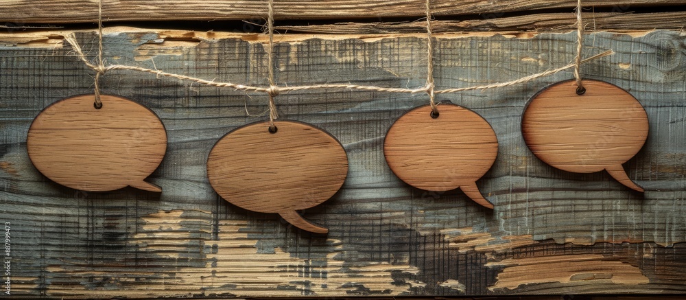 Poster wooden speech bubbles hanging on a string against a vintage background with copy space image