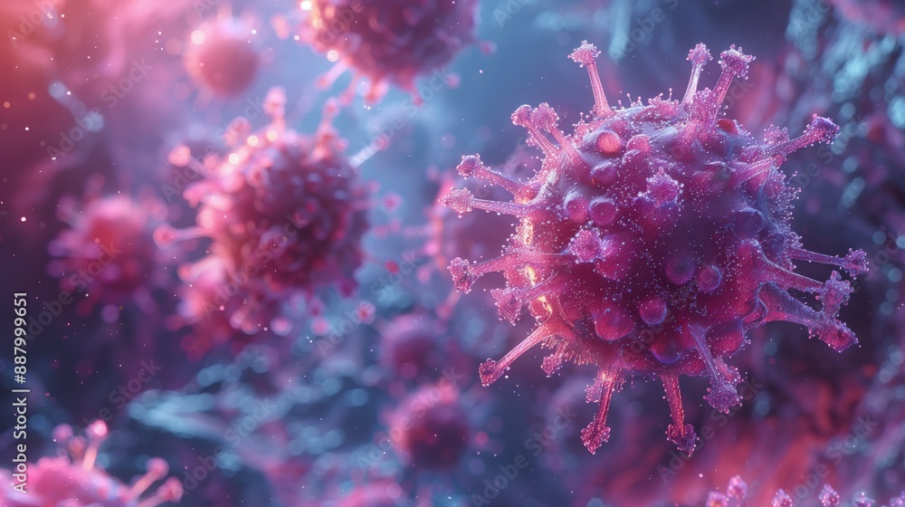 Poster a close-up image of a virus, showcasing the potential of nanotechnology in developing efficient trea