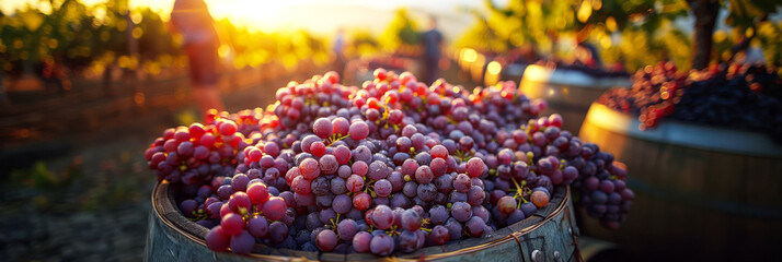 Barrel with grapes during, harvest season in the vineyard for high-quality wine production