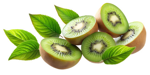 Fototapeta premium Kiwi Fruit Slice Floating with Green Leaves in the Air, Cut Out.