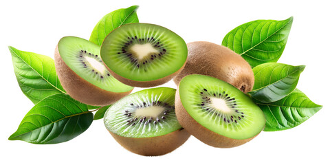 Fototapeta premium Kiwi Fruit Slice Floating with Green Leaves in the Air, Cut Out.