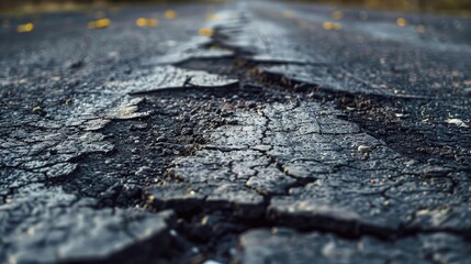 Poor condition of deteriorating asphalt road close up photo
