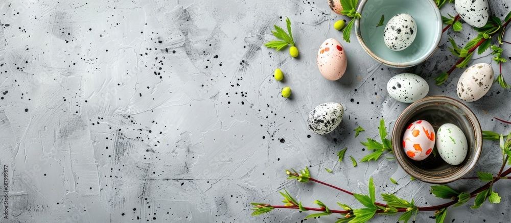 Poster an easter themed table setting with eggs on a concrete backdrop seen from above leaving room for tex