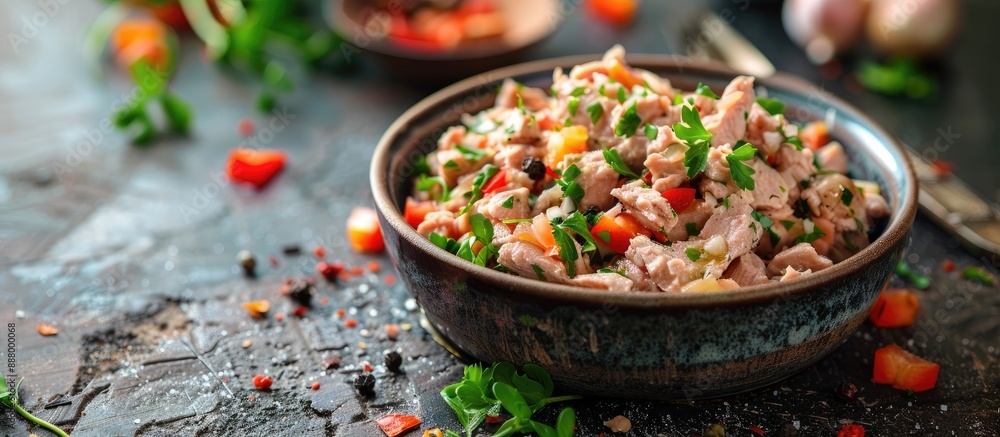 Poster healthy and appetizing canned tuna salad suitable for pescetarian diets displayed on a rustic table 