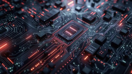 Obraz premium Circuit Board Starting the Process of Information Digitization and Computing .CPU Processor Neon Theme Visualization